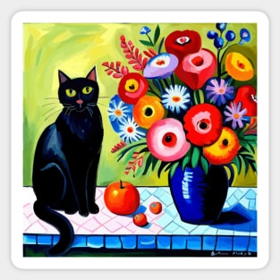 Black Cat and Floral Vase Modern Still Life Painting Sticker